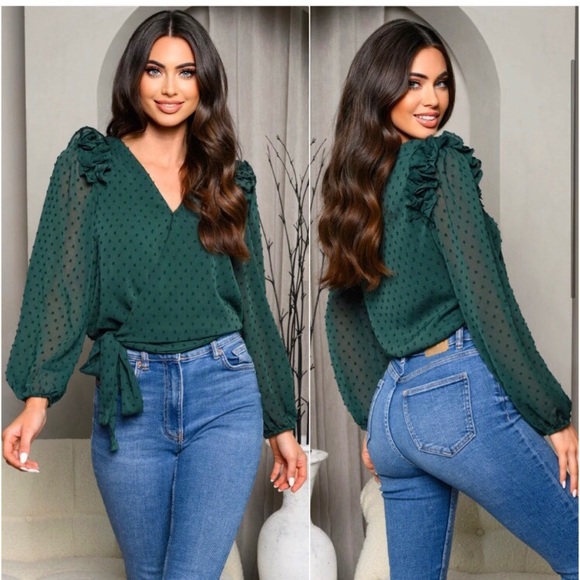 Women’s hunter green Swiss dot surplice holiday wrap blouse top - Picture 2 of 7